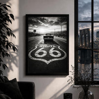 Route 66 Vintage Car Black and White Poster, American Road Trip Wall Art
