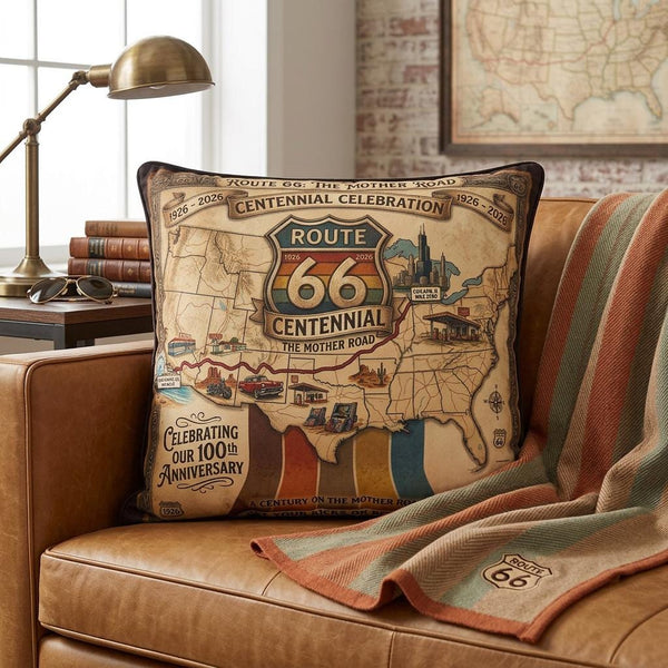 Route 66 Centennial Pillow | Vintage Roadtrip Map Centennial Celebration