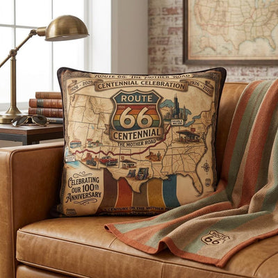 Route 66 Centennial Pillow | Vintage Roadtrip Map Centennial Celebration