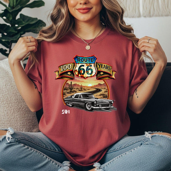 Route 66 Classic Car T-Shirt, Personalized Comfort Color Unisex Anniversary shirt