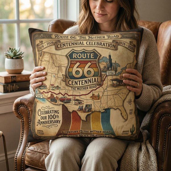 Route 66 Centennial Pillow | Vintage Roadtrip Map Centennial Celebration