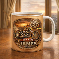 Personalized Biker Mug – Custom Name Route 66 Motorcycle Gift for Dad