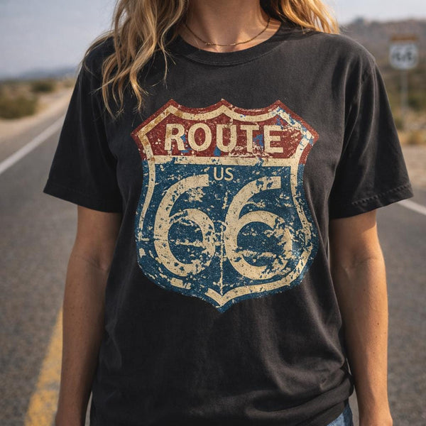 Vintage Route 66 Distressed T Shirt, Retro Road Trip Tee, Unisex Americana Graphic Shirt, Historic Highway Travel Gift, Black Vintage Tee