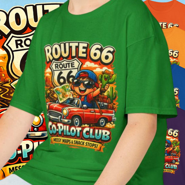 Route 66 Centennial Kids Shirt - 100th Anniversary 2026 Road Trip Tee - Co-Pilot Club Youth Graphic T-Shirt - Family Vacation Retro Car