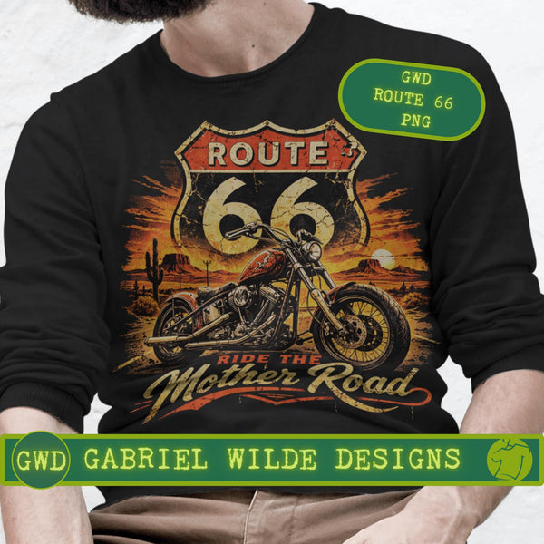Route 66 Retro Biker T-shirt PNG, Vintage Centennial Americana Road Trip digital download, Men's Graphic, Classic Biker, Adventure Image