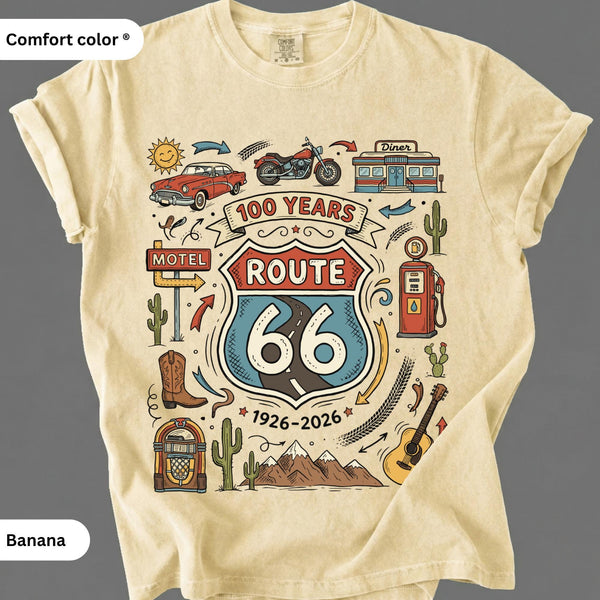 Route 66 Centennial T-Shirt: Vintage Americana Road Trip, Classic Car Motorcycle