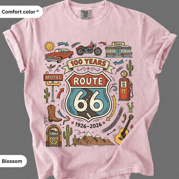 Route 66 Centennial T-Shirt: Vintage Americana Road Trip, Classic Car Motorcycle