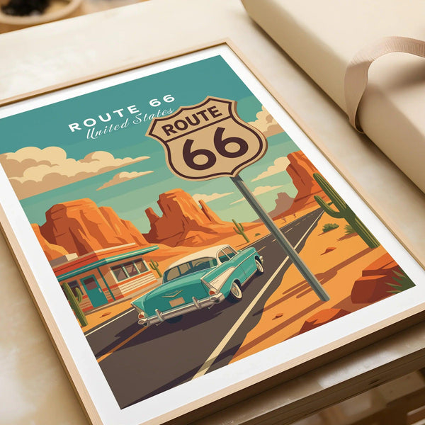 Vintage Route 66 Car Art - Retro Road Trip Wall Decor