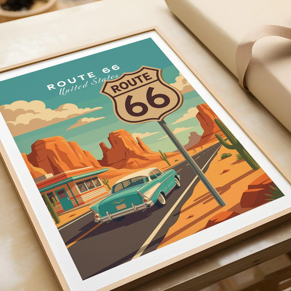 Vintage Route 66 Car Art - Retro Road Trip Wall Decor