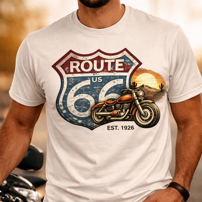 route 66 Motorcycle T-shirt Vintage Highway Shield Sunset Biker Gift 100th Anniversary Vintage Road Sign Tshirt Spirited USA Mother Road