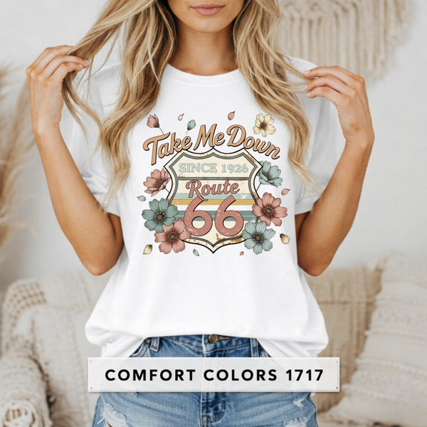 Route 66 Road Trip Shirt Take Me Down Route 66 Tee Vintage Floral Travel Shirt USA Highway 66 Gift Comfort Colors Graphic Tee