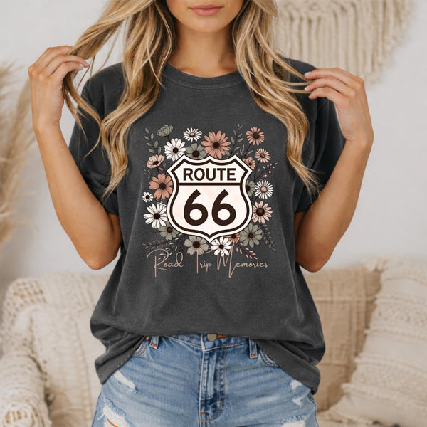 Route 66 T-Shirts, Floral Shield T-shirt | Retro Highway Sign with Wildflowers, Road Trip Tee's