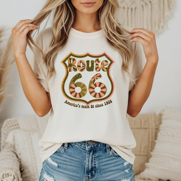 Route 66 floral shirt retro highway graphic tee vintage americana shirt road trip shirt women route 66 aesthetic comfort colors 1717