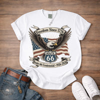 Route 66 Centennial Shirt 1926 2026 Freedom Since 1776 Patriotic Eagle USA Flag Road Trip Americana Vintage Graphic Tee Gift for Him Her