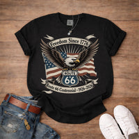 Route 66 Centennial Shirt 1926 2026 Freedom Since 1776 Patriotic Eagle USA Flag Road Trip Americana Vintage Graphic Tee Gift for Him Her