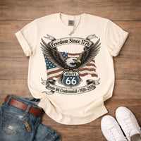 Route 66 Centennial Shirt 1926 2026 Freedom Since 1776 Patriotic Eagle USA Flag Road Trip Americana Vintage Graphic Tee Gift for Him Her