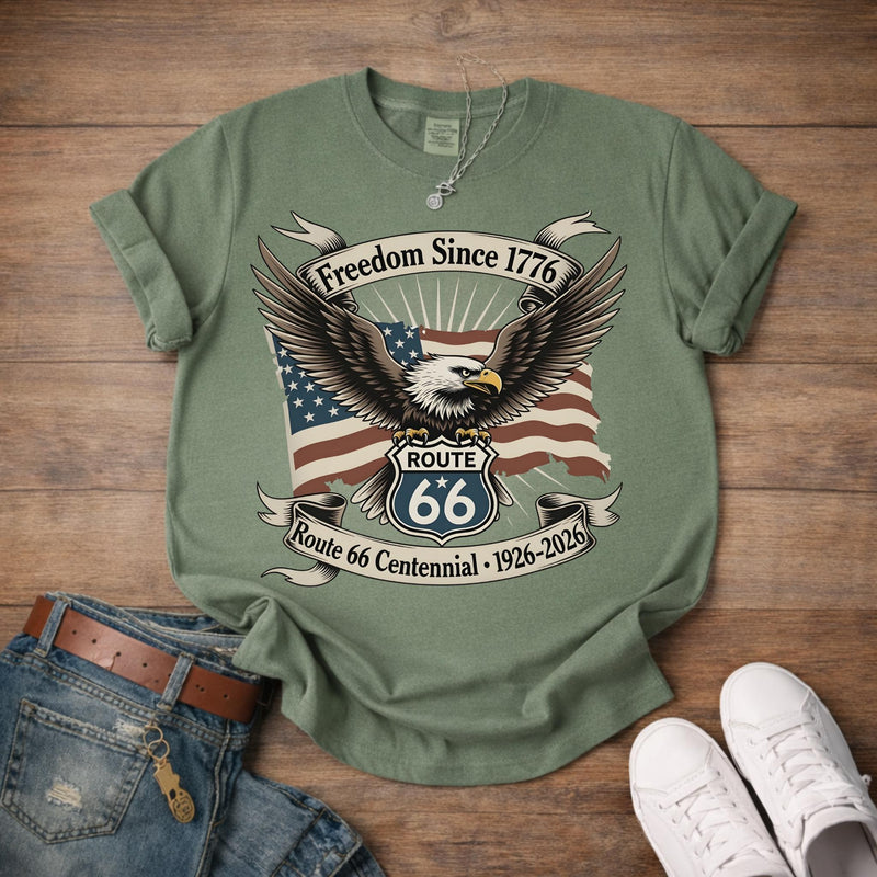 Route 66 Centennial Shirt 1926 2026 Freedom Since 1776 Patriotic Eagle USA Flag Road Trip Americana Vintage Graphic Tee Gift for Him Her