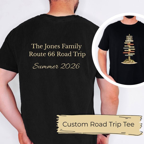 Custom Road Trip Tee Route 66 tee Signpost Road Trip T-shirt | Personalized Road trip Family Tee