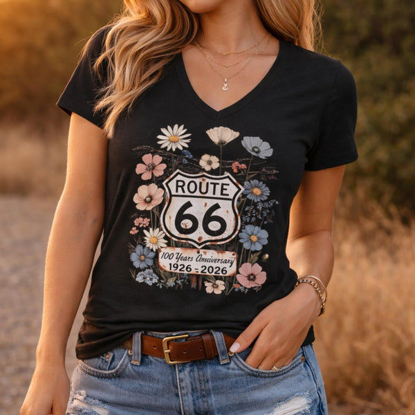 Route 66 Floral V Neck Shirt 100 Years Anniversary Tee Womens Vintage Wildflower Route 66 Top Road Trip Shirt Retro Travel Gift Relaxed fit