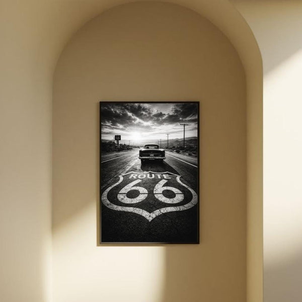 Route 66 Vintage Car Black and White Poster, American Road Trip Wall Art