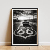 Route 66 Vintage Car Black and White Poster, American Road Trip Wall Art