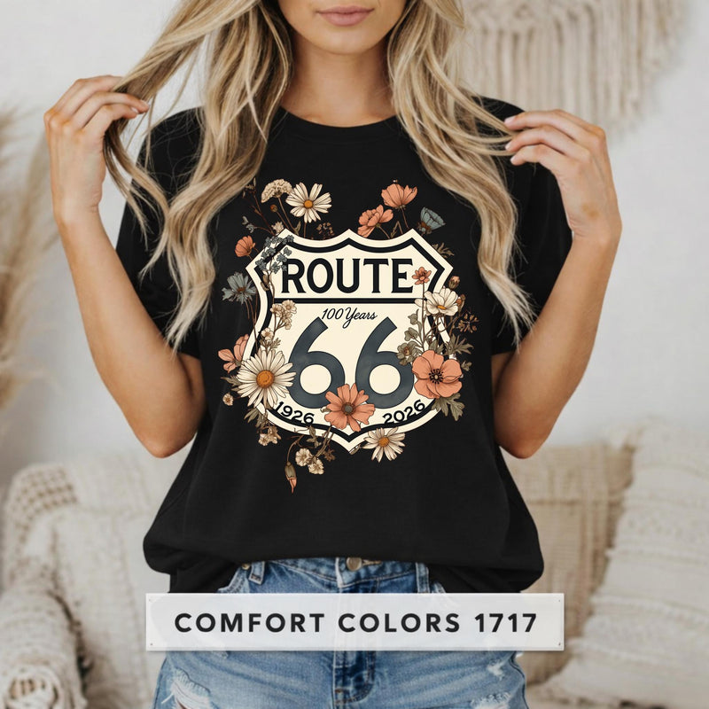 Route 66 Floral Shield T-shirt | Vintage Highway Shirt Road Trip Tee | 100 Years Anniversary Shirt