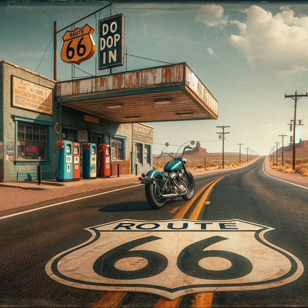 Vintage Route 66 Gas Station Print | Historic Holbrook AZ Wall Art | Retro Americana Motorcycle Decor | Man Cave Poster | Instant Download