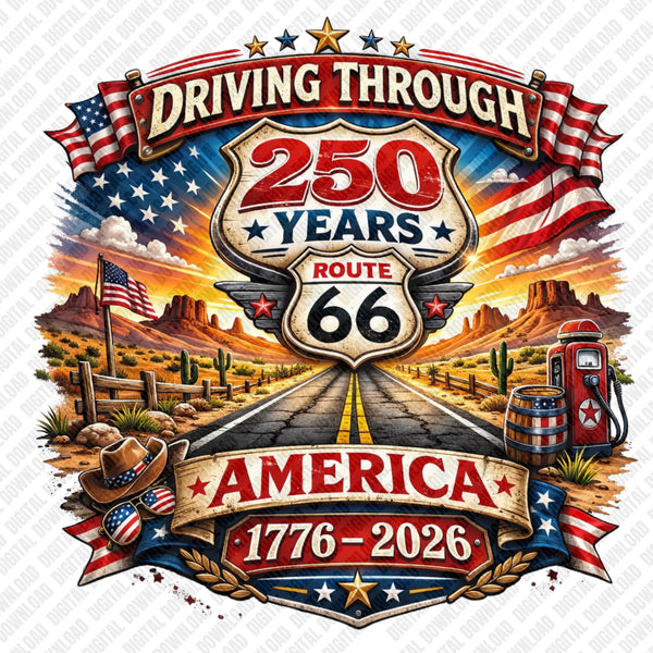 Driving Through America 250 Years Shirt, Route 66 Patriotic 1776-2026 USA Sestercentennial Anniversary Retro Graphic T-shirt