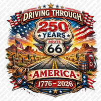 Driving Through America 250 Years Shirt, Route 66 Patriotic 1776-2026 USA Sestercentennial Anniversary Retro Graphic T-shirt