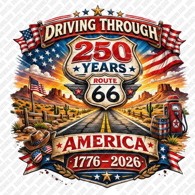 Driving Through America 250 Years Shirt, Route 66 Patriotic 1776-2026 USA Sestercentennial Anniversary Retro Graphic T-shirt