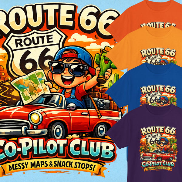 Route 66 Centennial Kids Shirt - 100th Anniversary 2026 Road Trip Tee - Co-Pilot Club Youth Graphic T-Shirt - Family Vacation Retro Car