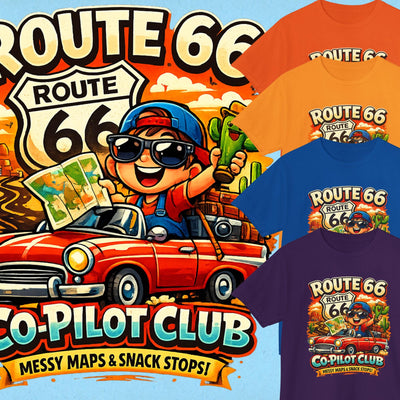 Route 66 Centennial Kids Shirt - 100th Anniversary 2026 Road Trip Tee - Co-Pilot Club Youth Graphic T-Shirt - Family Vacation Retro Car