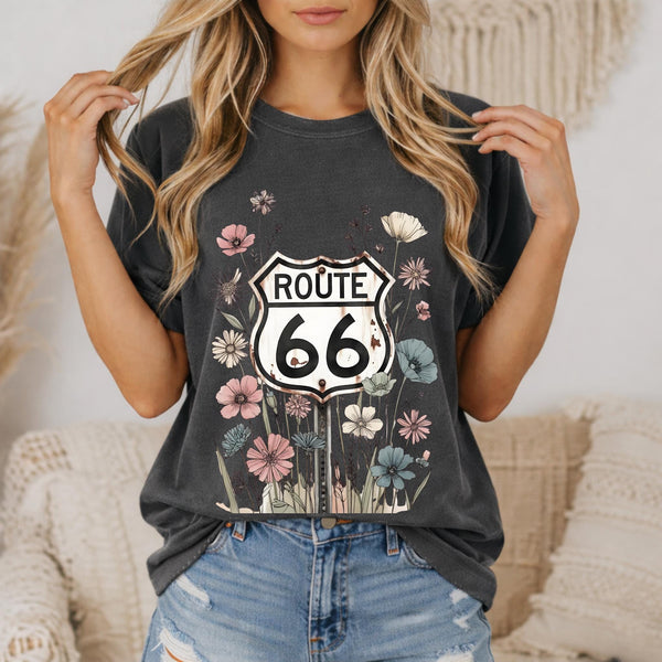 Route 66 Floral Road Sign T-Shirt | Retro Highway Wildflower Tee