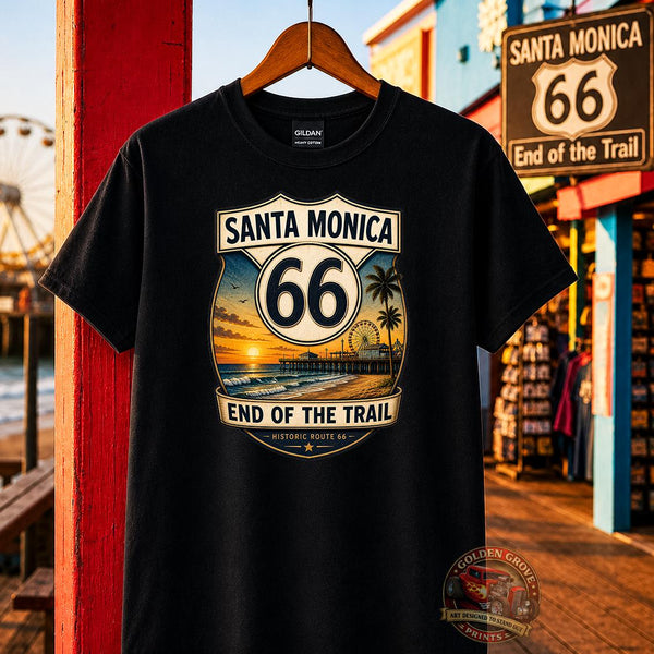 Route 66 Santa Monica Shirt | End of the Trail Tee | Vintage Beach Sunset Graphic | Road Trip Travel Shirt | California Gift | Unisex Tee