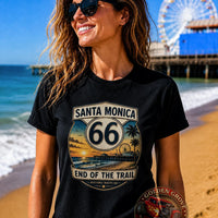 Route 66 Santa Monica Shirt | End of the Trail Tee | Vintage Beach Sunset Graphic | Road Trip Travel Shirt | California Gift | Unisex Tee