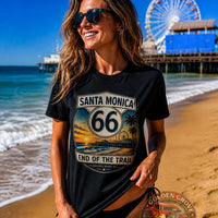 Route 66 Santa Monica Shirt | End of the Trail Tee | Vintage Beach Sunset Graphic | Road Trip Travel Shirt | California Gift | Unisex Tee