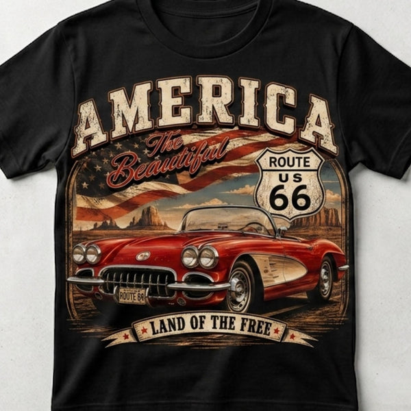 Vintage Route 66 Classic Car T-Shirt Design,Digital Download Png