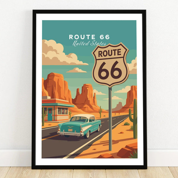 Vintage Route 66 Car Art - Retro Road Trip Wall Decor