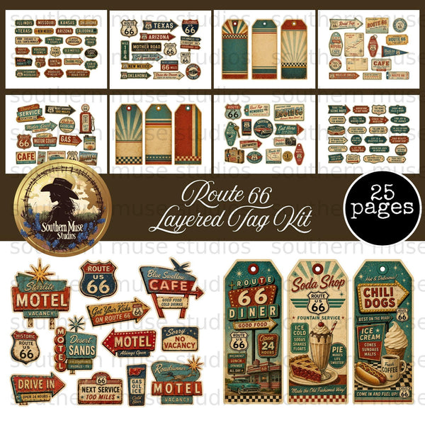 Route 66 Junk Journal Digital Kit 25 Pages, Vintage Road Trip Ephemera, Printable Americana Scrapbook Elements, vacation, mixed media