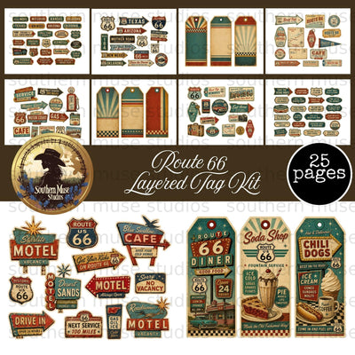 Route 66 Junk Journal Digital Kit 25 Pages, Vintage Road Trip Ephemera, Printable Americana Scrapbook Elements, vacation, mixed media