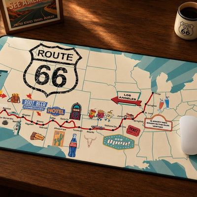 Route 66 Desk Mat: Vintage US Map, Retro Americana Art