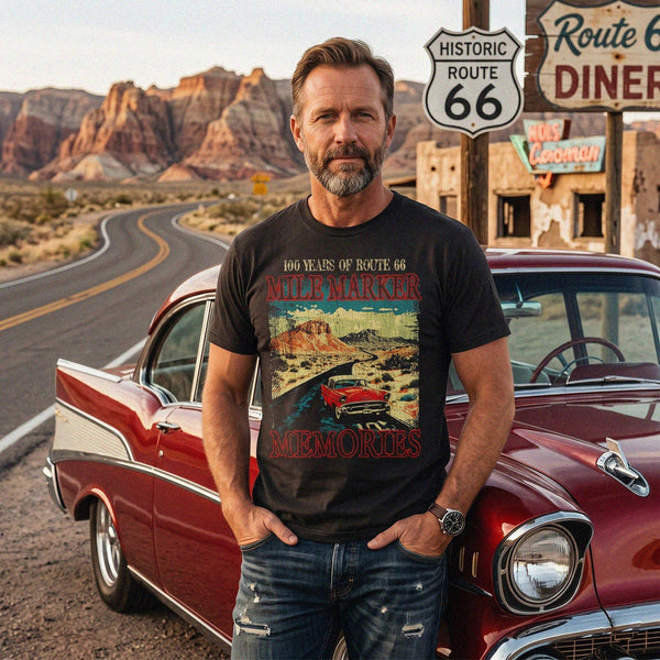 Vintage Route 66 T-Shirt, 100 Years Mile Marker Memories, Classic Car Road Trip Tee