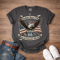 Route 66 Centennial Shirt 1926 2026 Freedom Since 1776 Patriotic Eagle USA Flag Road Trip Americana Vintage Graphic Tee Gift for Him Her
