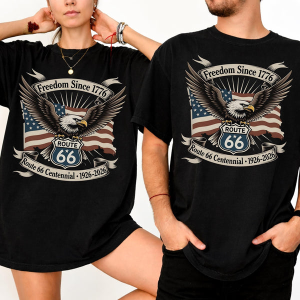 Route 66 Centennial Shirt 1926 2026 Freedom Since 1776 Patriotic Eagle USA Flag Road Trip Americana Vintage Graphic Tee Gift for Him Her