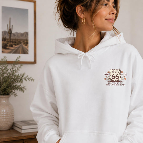 Route 66 100 Years Hoodie Mother Road Sweatshirt Vintage Americana Road Trip Pullover Retro Route 66 Centennial Gift