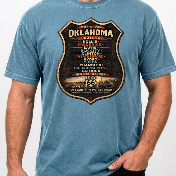 Route 66 Oklahoma Towns Shirt | 100 Year Anniversary Comfort Colors Tee | Vintage Mother Road Graphic T-Shirt | Retro Americana Travel Shirt