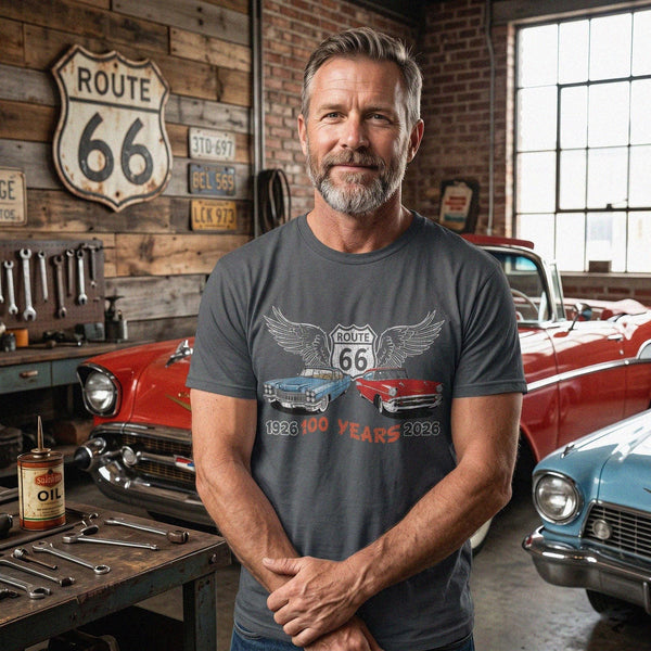Route 66 Centennial T-Shirt, Retro Classic Cars, American Highway Road Trip Tee