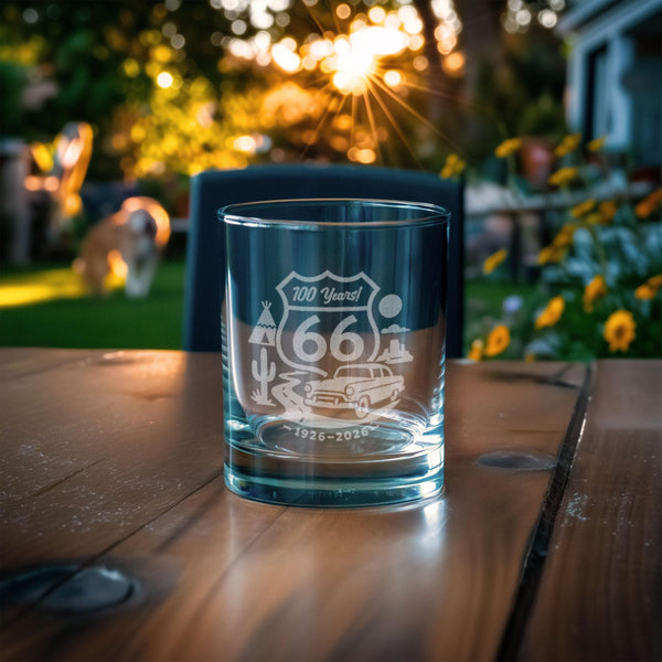 Route 66 Centennial Glass | 100 Years of the Mother Road Etched Whiskey, Beer, and Wine Glasses, Vintage Road Trip Barware Gift 1926–2026