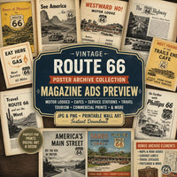 Vintage Route 66 Poster Archive Collection, Retro Americana Travel Ads, Motel Diner Gas Station Ephemera Set