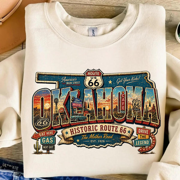 Retro Route 66 Oklahoma PNG, Vintage Mother Road Sublimation Design, Classic Car Digital Download, Route 66 T-shirt Graphic, State Png